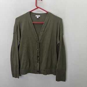 J.Jill Organic Cotton Olive Green V-Neck Cardigan Sweater Cottagecore Librarian